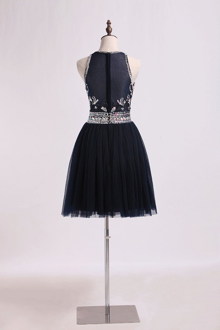 2022 Halter Prom Dress Beaded Bodice A Line Tulle Short/Mini