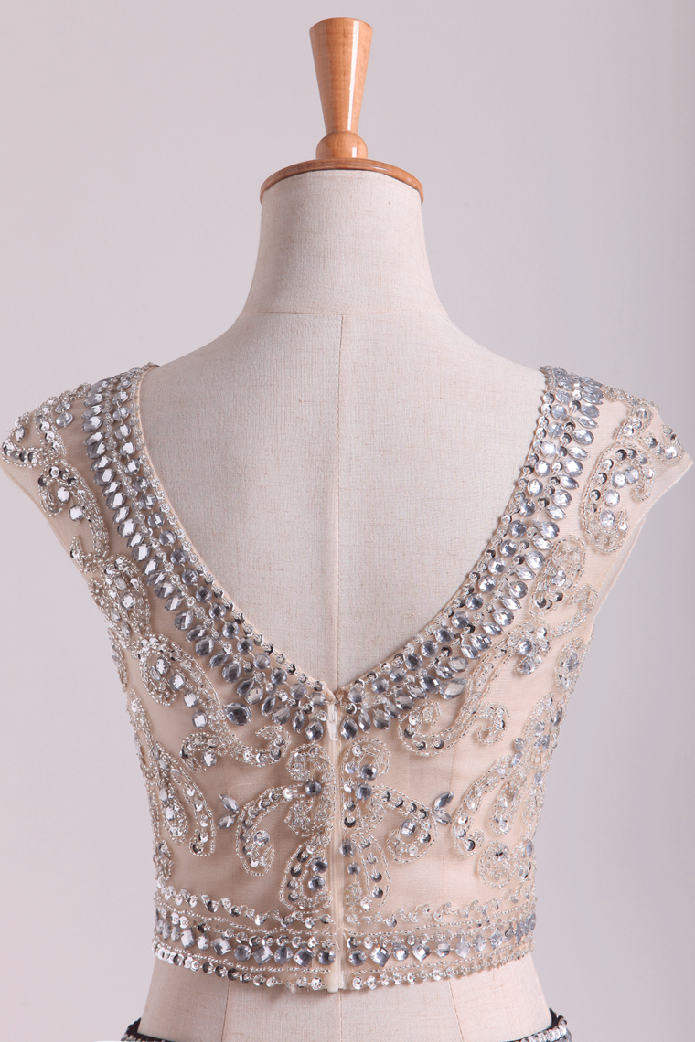 2022 Two-Piece Scoop Column Prom Dresses Beaded Bodice Chiffon