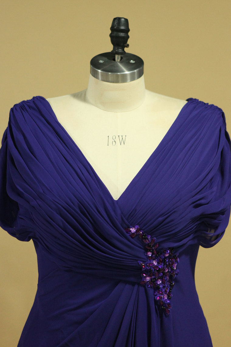 2022 Elegant V Neck Evening Dresses Chiffon Sweep Train With Ruffles