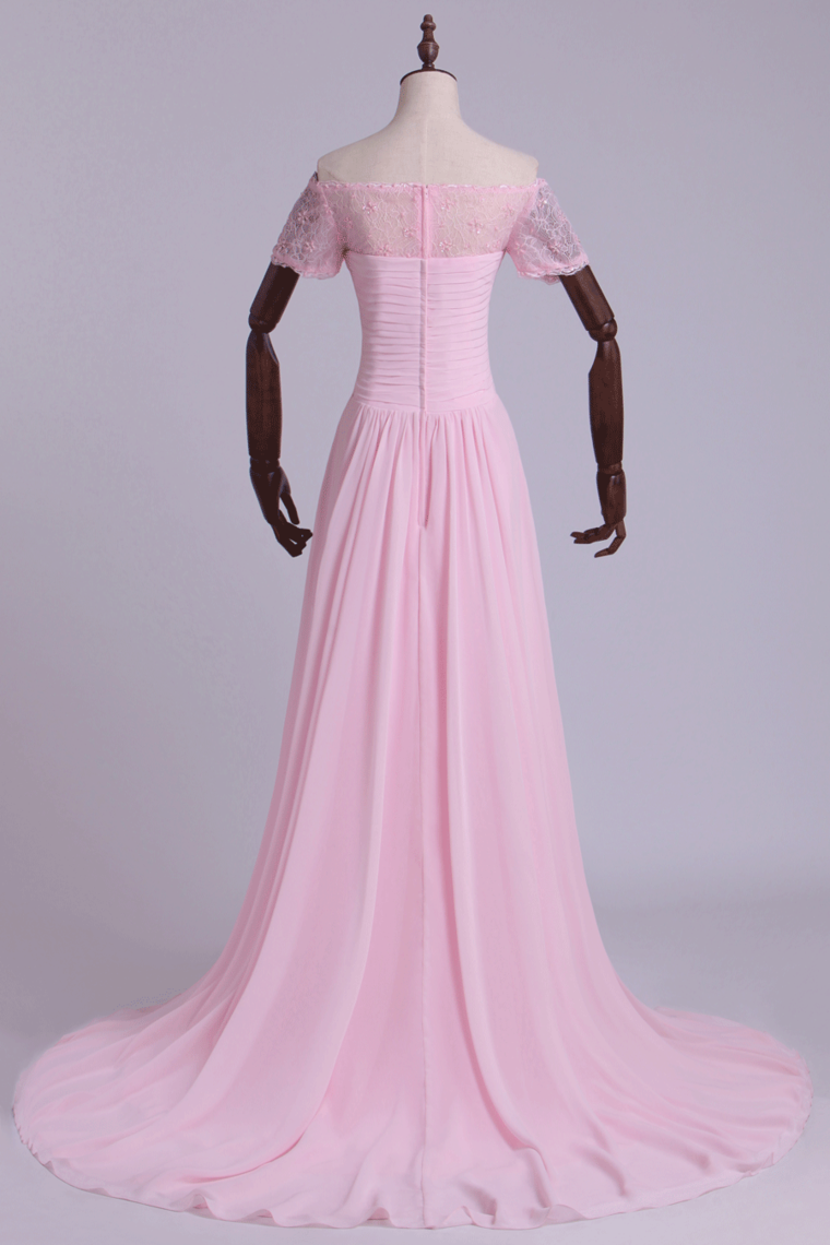 2022 Boat Neck Prom Dress Ruched Bodice A Line With Layered Chiffon Skirt Court Train