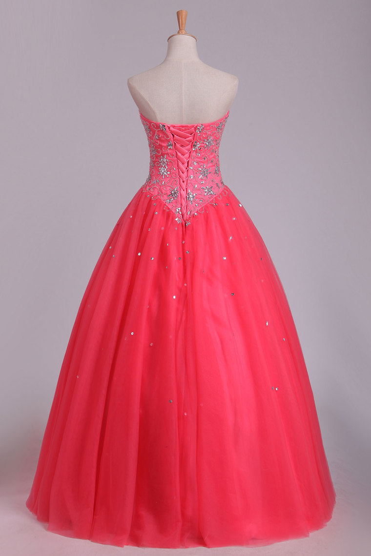2022 Quinceanera Dresses Ball Gown Sweetheart Floor Length Beaded Bodice Tulle