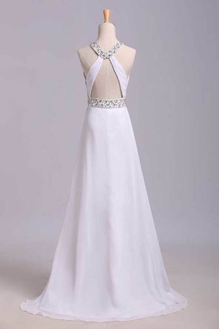 2022 Prom Dresses A Line Halter Sweep/Brush Train Chiffon Open Back Sexy Style