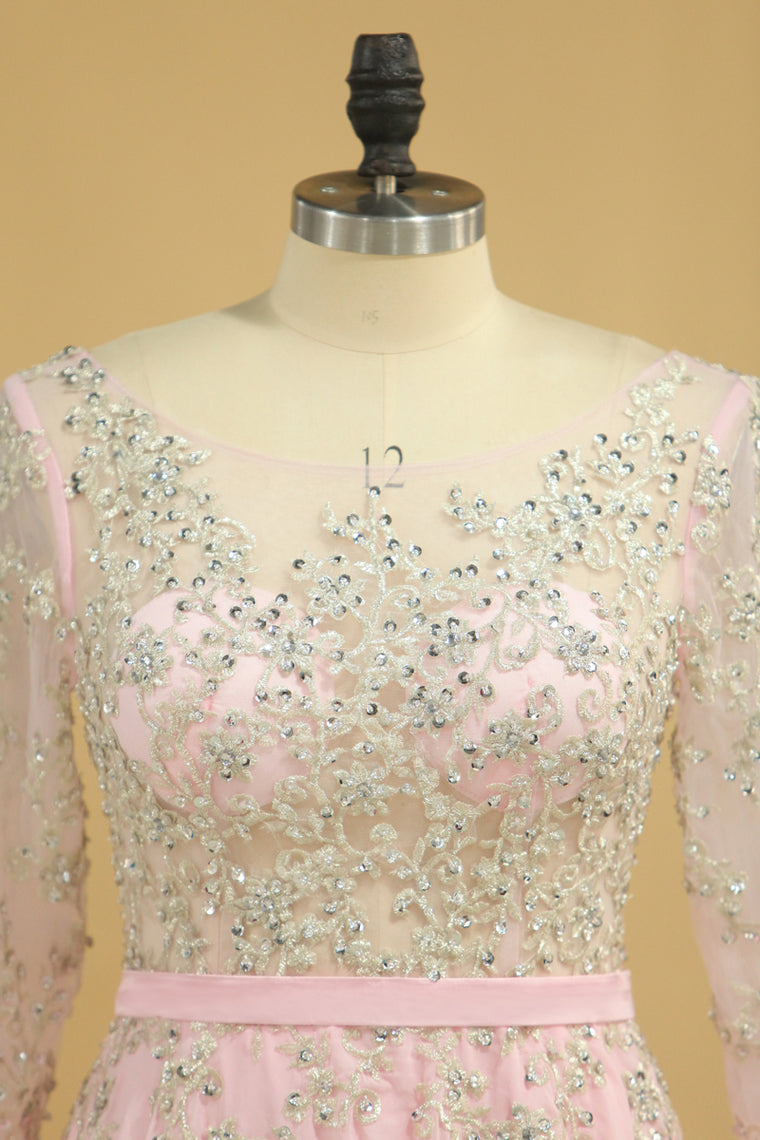 2022 Plus Size A Line Chiffon Prom Dresses Bateau Long Sleeves With Beads & Applique