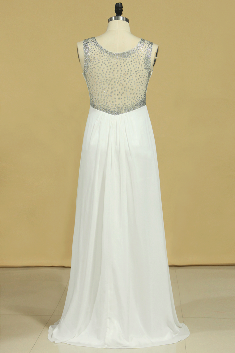 2022 Plus Size Scoop A Line Prom Dresses Chiffon With Beads And Ruffles Floor Length