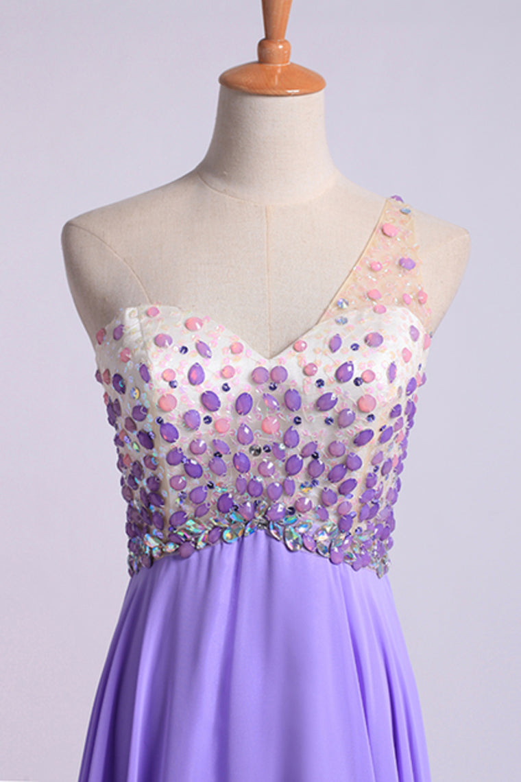 2022 Romantic Prom Dresses A Line One Shoulder With Beadings Tulle And Chiffon Sweep Train