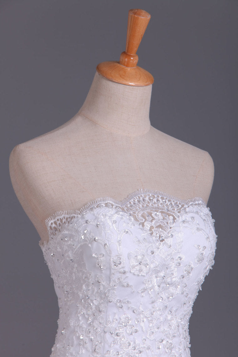 2022 Wedding Dresses Strapless Mermaid Chapel Train With Applique Lace Up