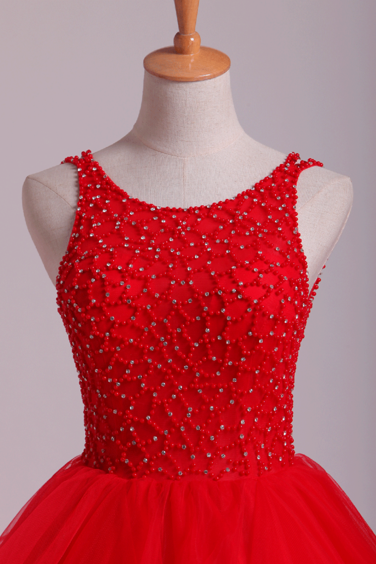 2022 Red Scoop Ball Gown Tulle Floor Length With Beading