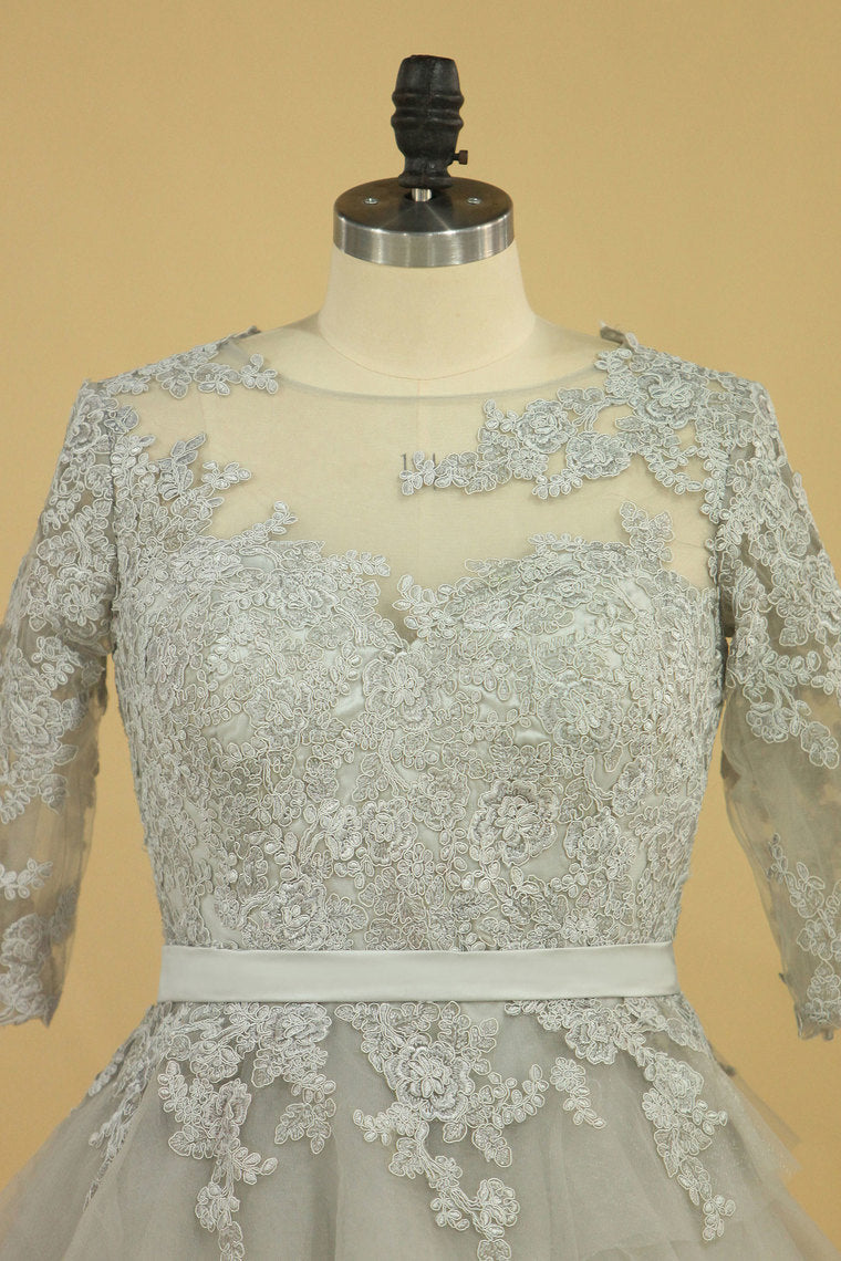 2022 Plus Size Silver Scoop Half Sleeve A Line Mother Of The Bride Dresses With Applique Tulle