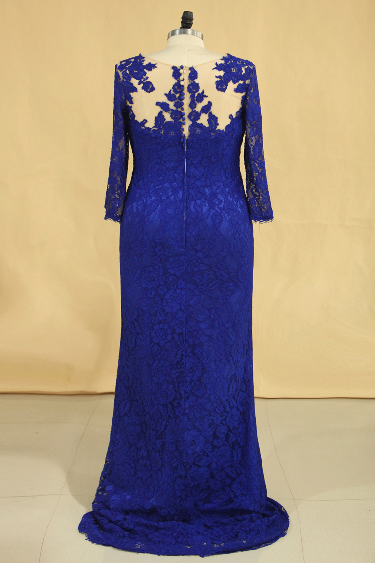 2022 Plus Size Mother Of The Bride Dresses Scoop 3/4 Length Sleeve Lace With Applique Dark Royal Blue