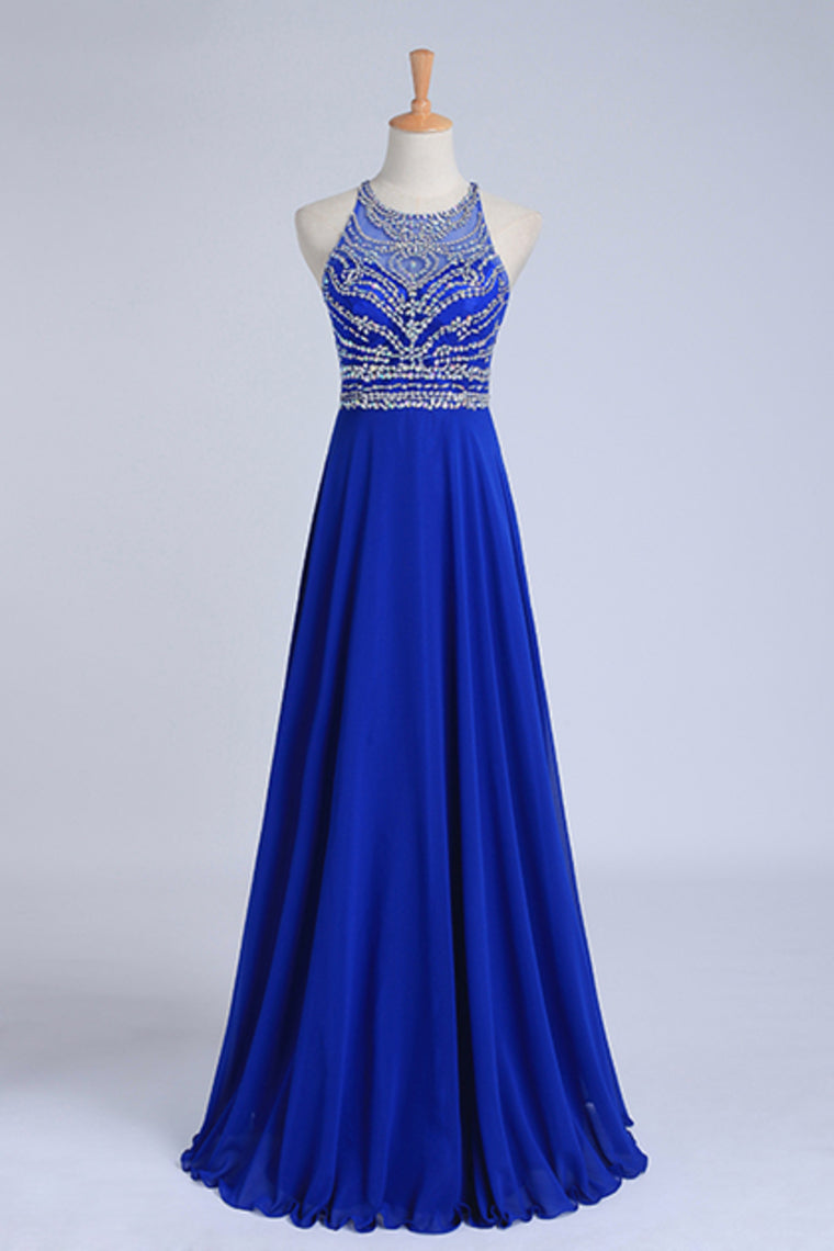 2022 Halter A-Line/Princess Dark Royal Blue Prom Dresses Tulle And Chiffon Sweep Train