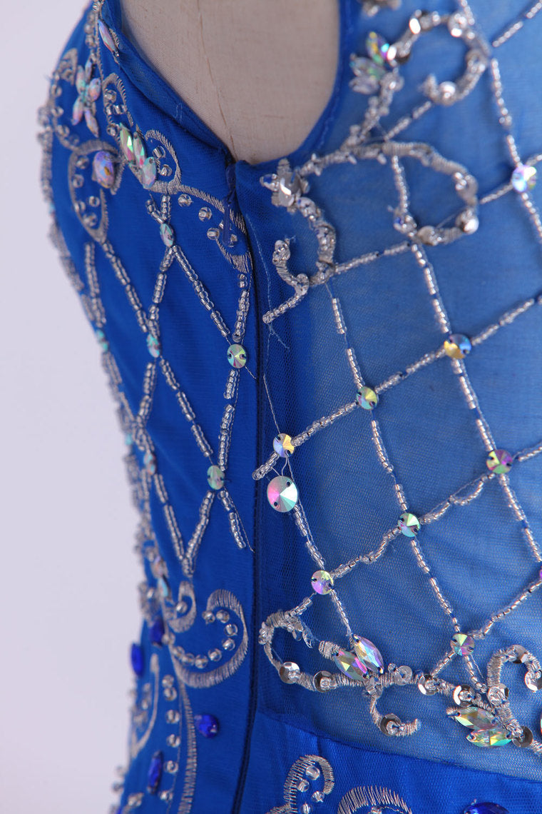 2022 Scoop Beaded And Fitted Bodice Trumpet Prom Dress Tulle