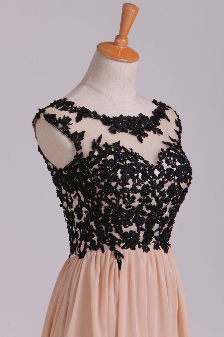 2022 Two-Tone Prom Dresses Scoop A-Line Chiffon With Black Applique New