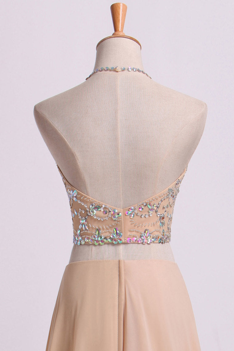 2022 Sexy Prom Dresses Halter Two Pieces A Line With Flowing Chiffon Skirt Beaded
