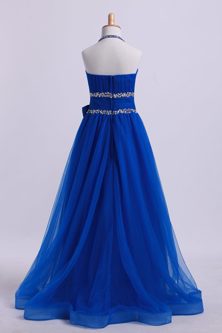 2022 Dark Royal Blue Halter A Line High Low Flower Girl Dresses Beaded Tulle