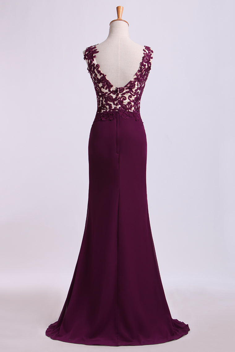 2022 Straps Prom Dresses With Slit&Applique Floor Length Chiffon