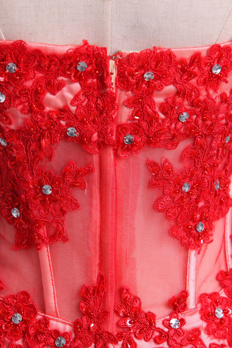 2022 Strapless Prom Dresses With Applique & Beads Tulle Short/Mini