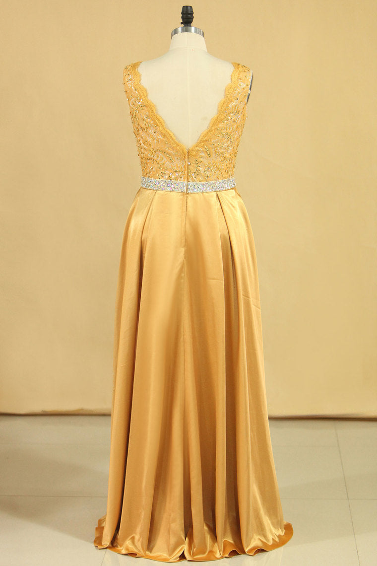 2022 Plus Size V Neck Prom Dresses A Line Beaded Waistline