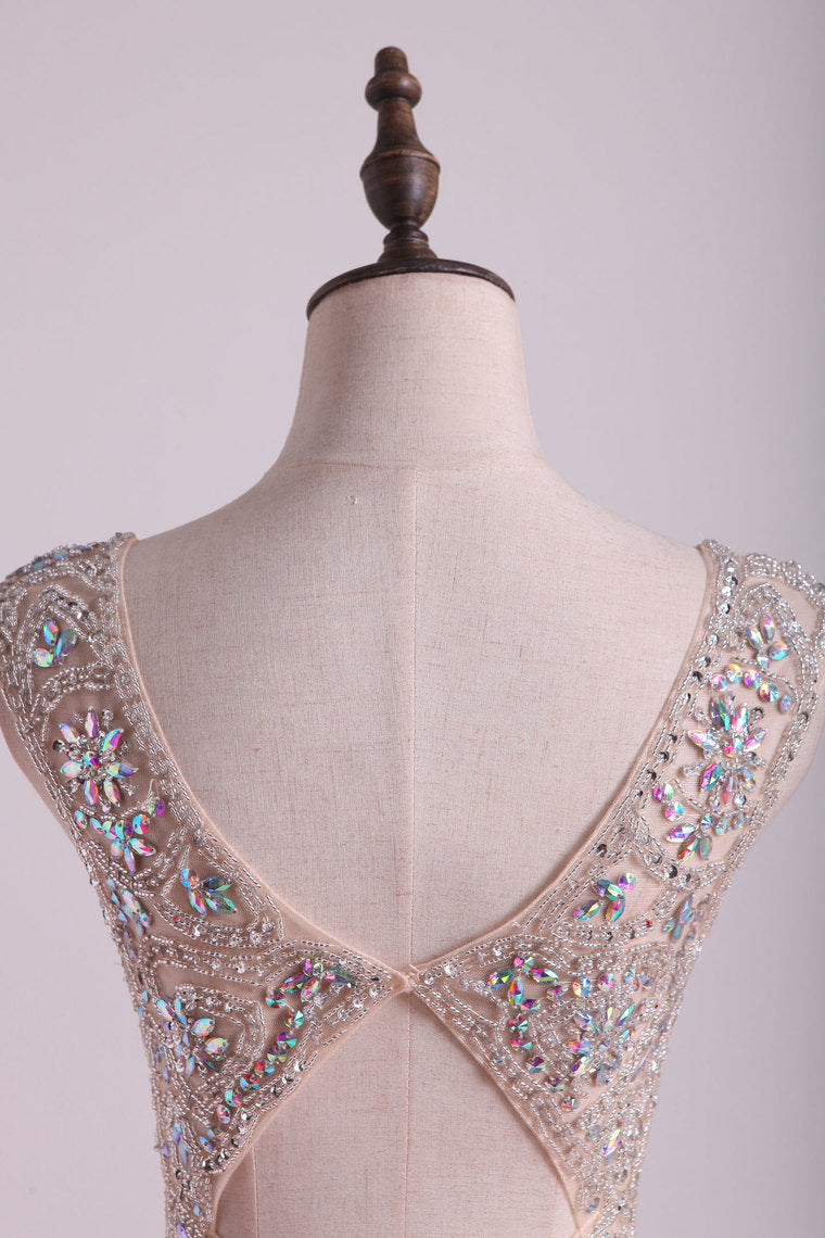 2022 V Neck Beaded Bodice Open Back Prom Dresses Column Spandex Sweep Train