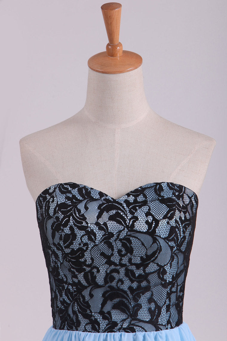 2022 Sweetheart A Line Floor Length Chiffon Prom Dress With Black Lace