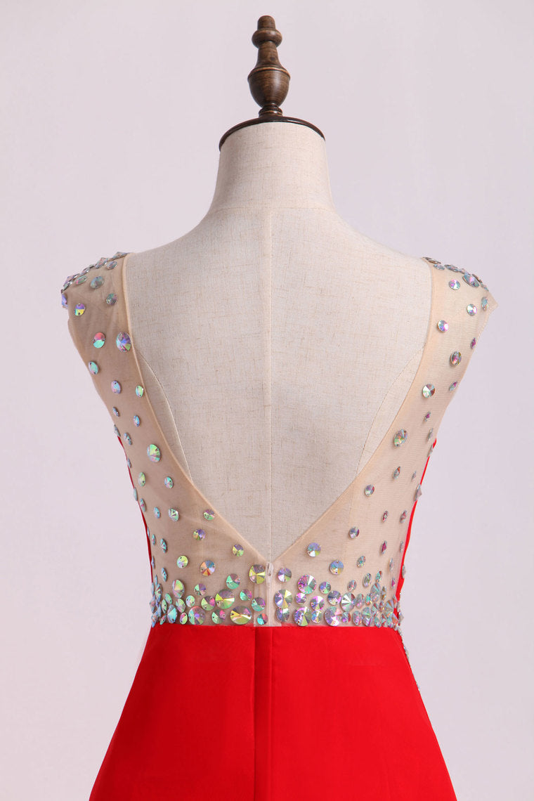 2022 Scoop Column Prom Dresses With Rhinestone Chiffon