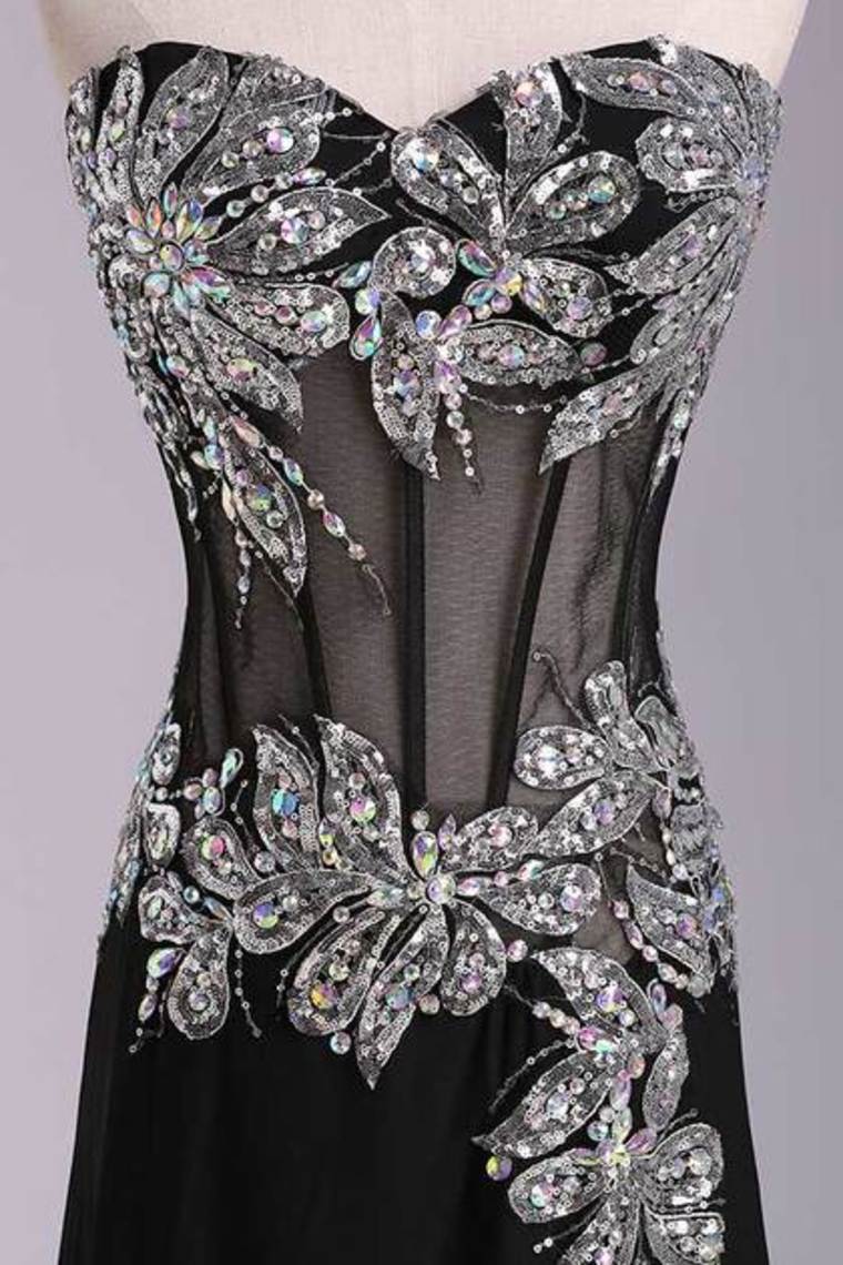 2022 Prom Dresses Mermaid/Trumpet Black Sweetheart Chiffon With Rhinestone