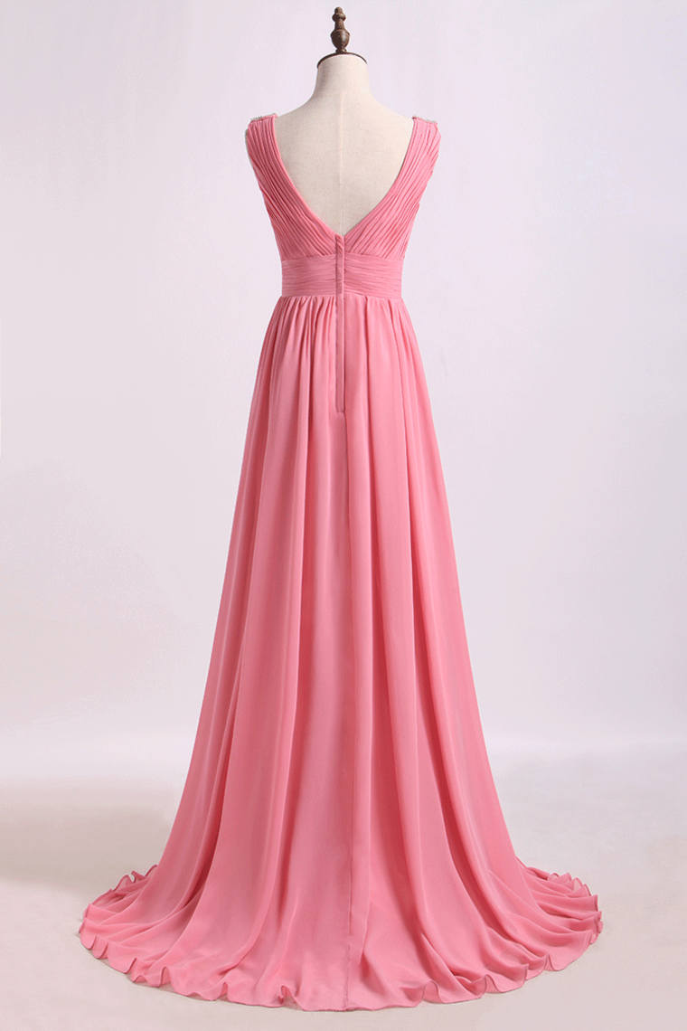 2022 V Neck A Line Chiffon Bridesmaid Dress With Beads Floor Length