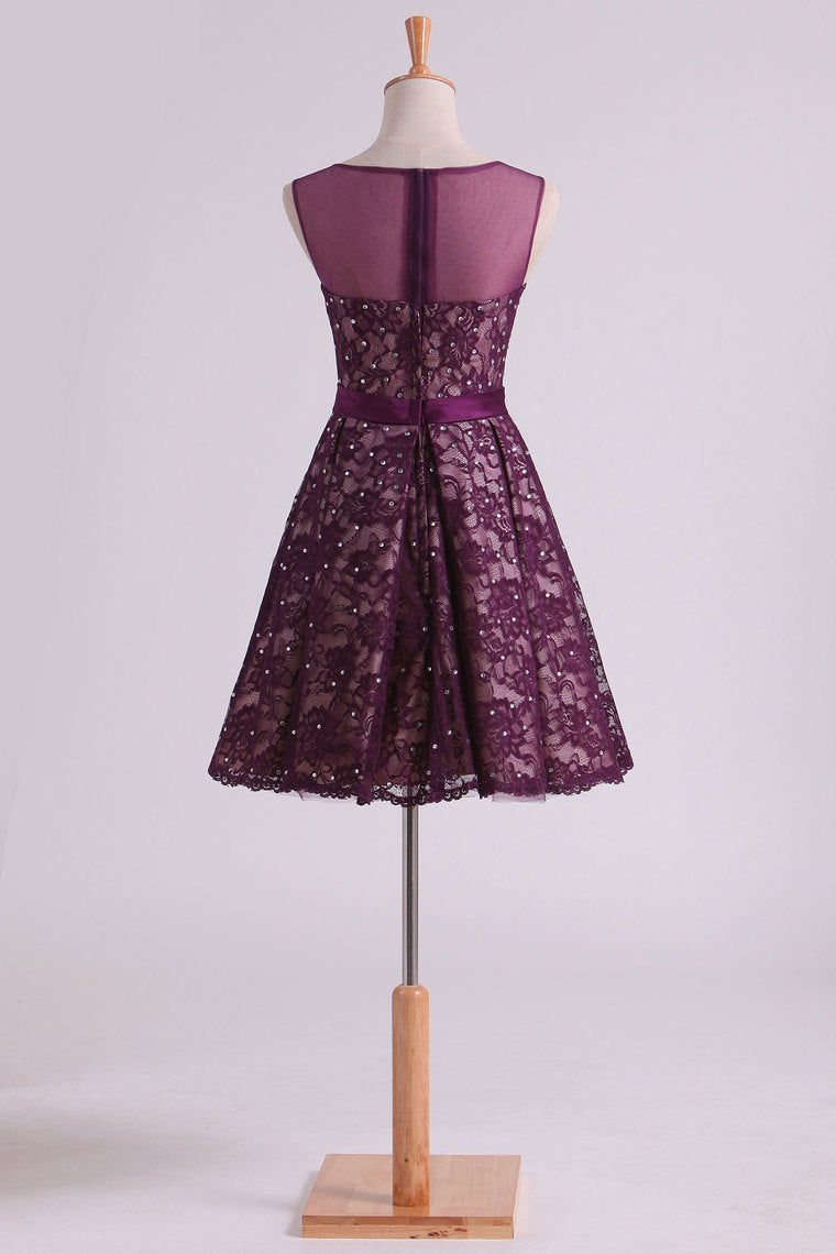 2022 Grape Homecoming Dresses Scoop A Line With Sash And Beads Short/Mini