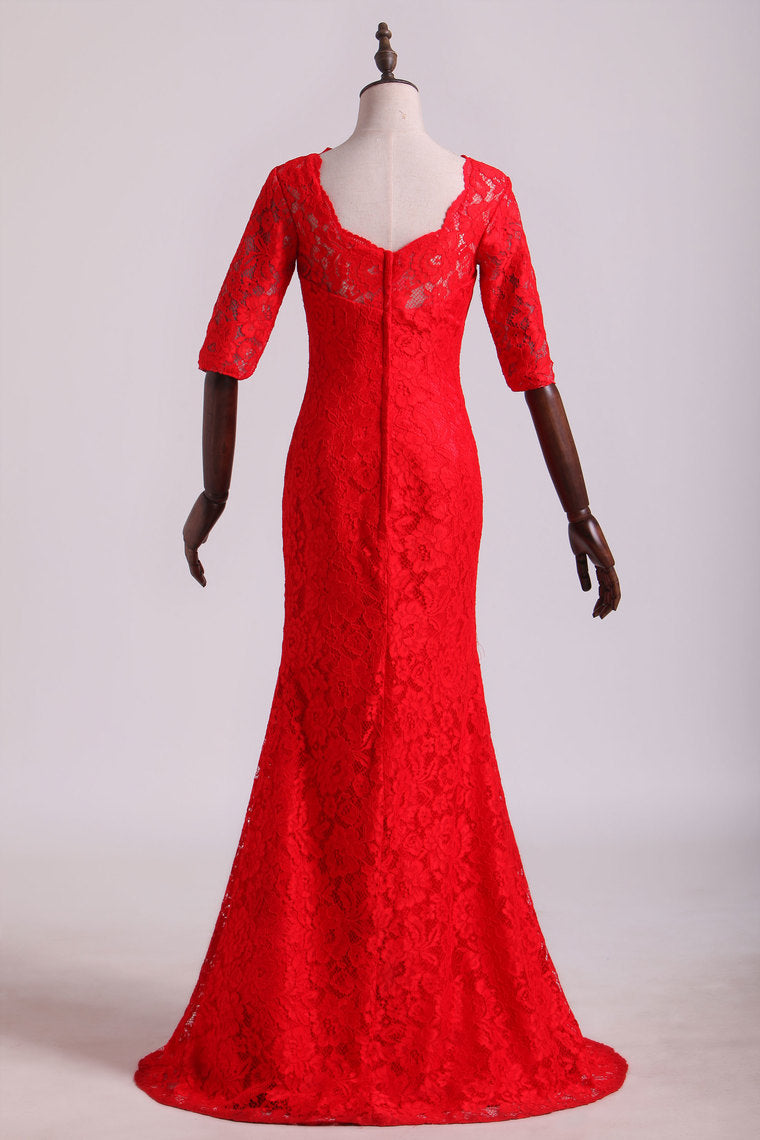 2022 Bateau Mid-Length Sleeve Prom Dresses Sheath Lace Floor Length