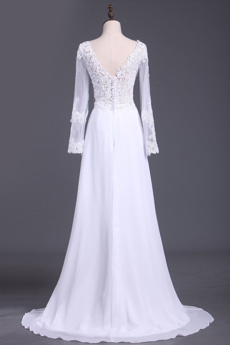 2022 See-Through Prom Dresses V Neck Long Sleeves Chiffon With Applique And Slit