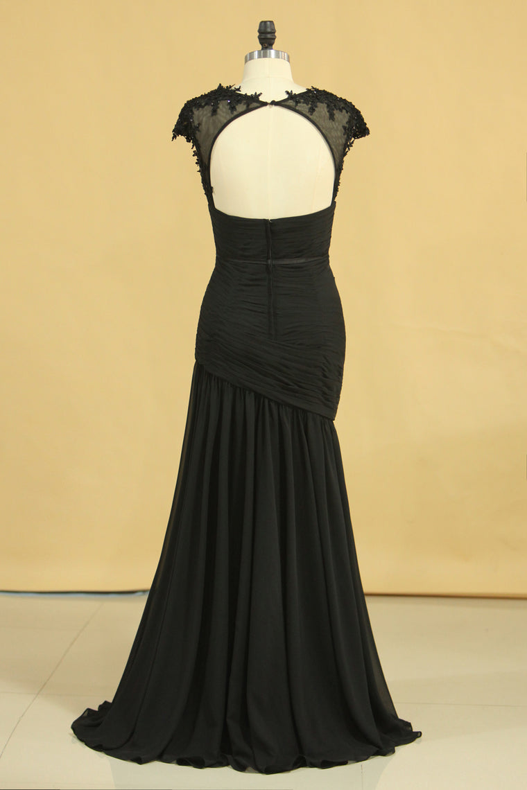 2022 Plus Size Mermaid Scoop Open Back Prom Dresses Chiffon With Applique And Beading