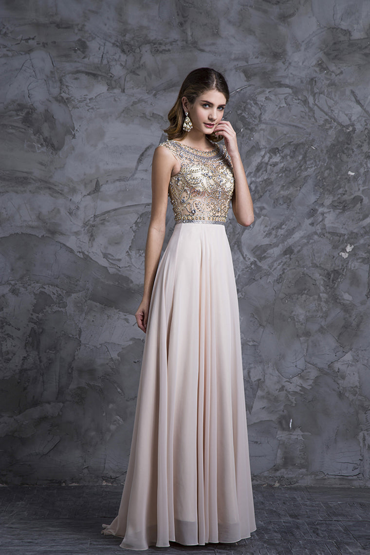 2022 Prom Dresses A-Line Scoop Beaded Bodice Floor-Length Chiffon Zipper Back