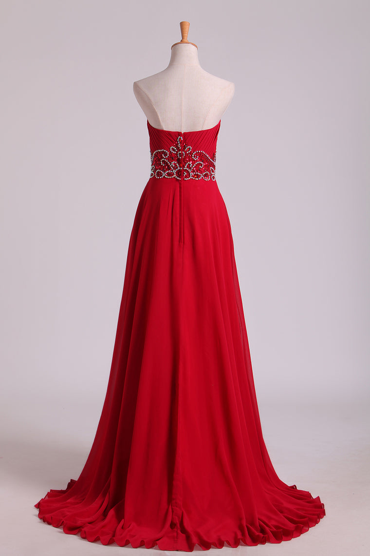 2022 Sweetheart A Line Prom Dresses With Beading Sweep Train Chiffon Burgundy/Maroon