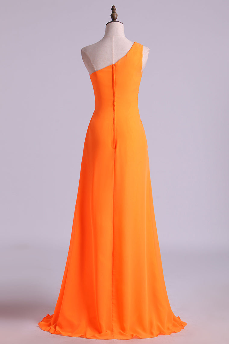 2022 One Shouder Column Evening Dresses Chiffon With Beads With Ruffles