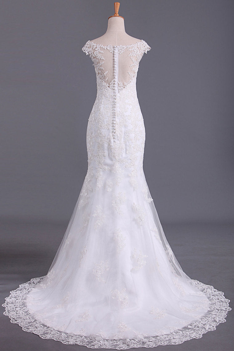 2022 Wedding Dresses Off The Shoulder Mermaid With Applique Tulle Sweep Train
