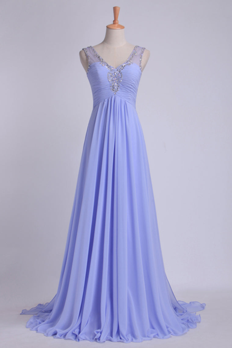 2022 V Neckline And Deep V Back Chiffon Long A Line Prom Dress With Beaded Tulle Straps