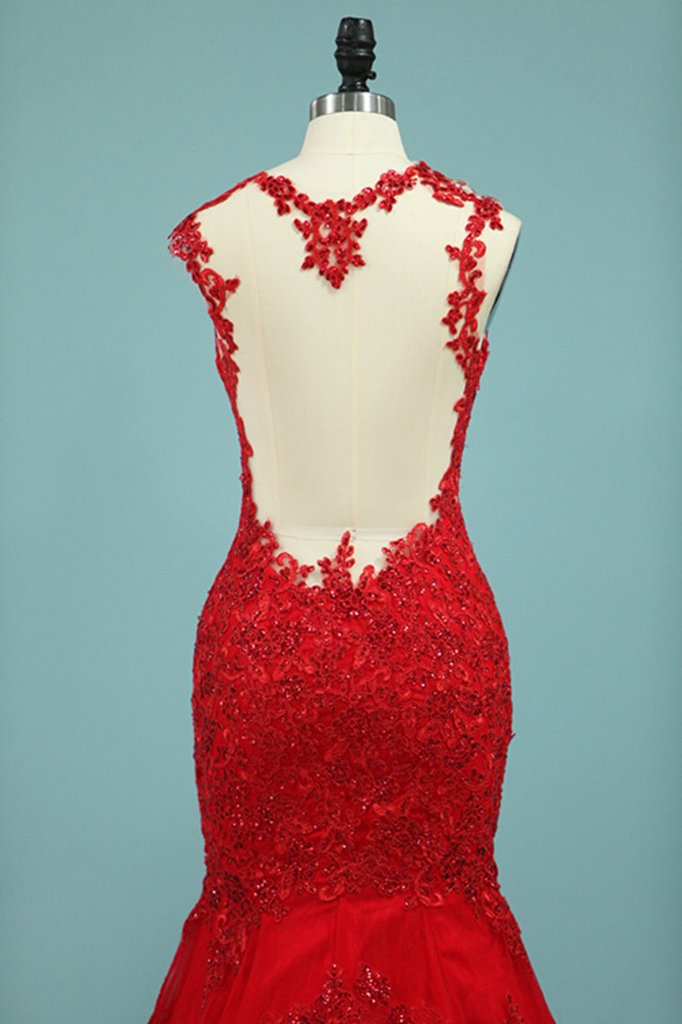 2022 Straps Prom Dresses Mermaid/Trumpet With Applique Tulle Sweep Train