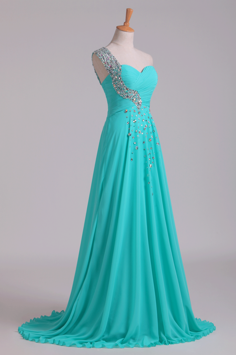 2022 Prom Dress One Shoulder Ruffled Bodice With Rhinestone Beaded Strap