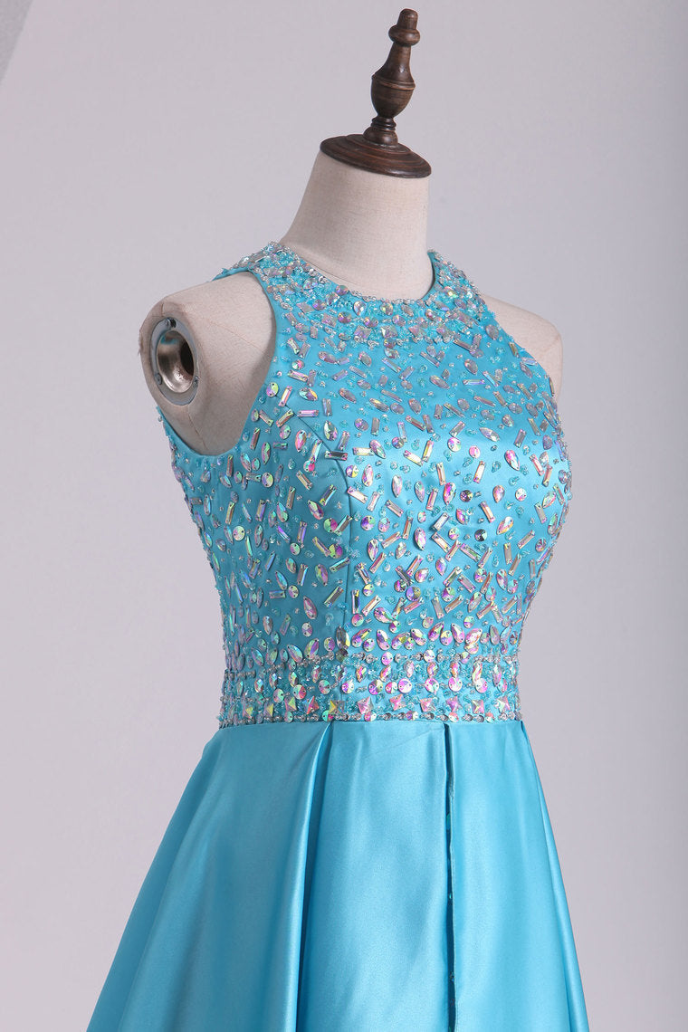 2022 Scoop Beaded Bodice Open Back A Line Satin Prom Dresses