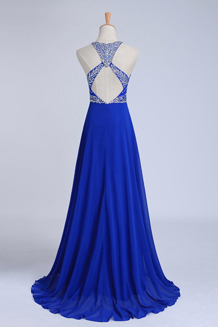 2022 Halter A-Line/Princess Dark Royal Blue Prom Dresses Tulle And Chiffon Sweep Train