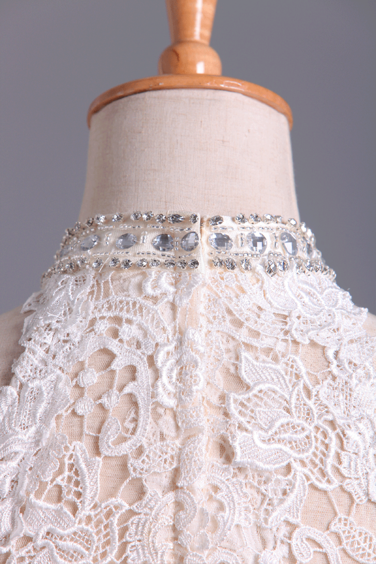 2022 Hot High Neck Prom Dresses A Line Chiffon & Lace With Beads