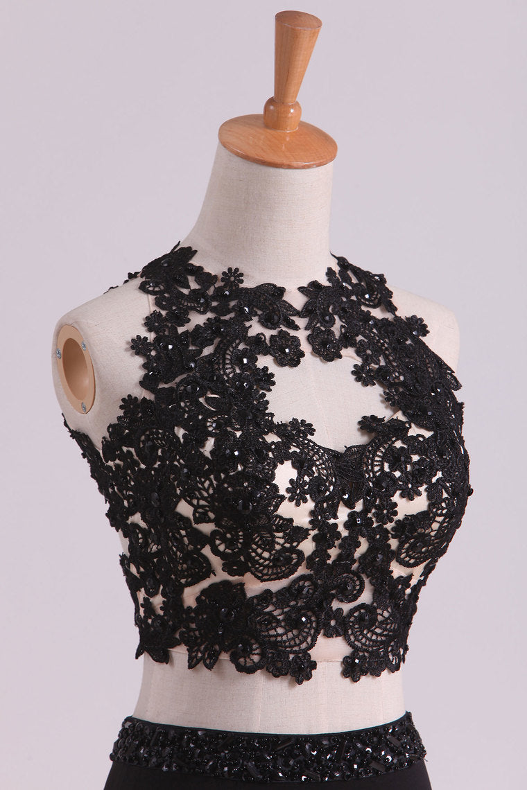 2022 Black Two-Piece Scoop Open Back Prom Dresses Sheath Spandex