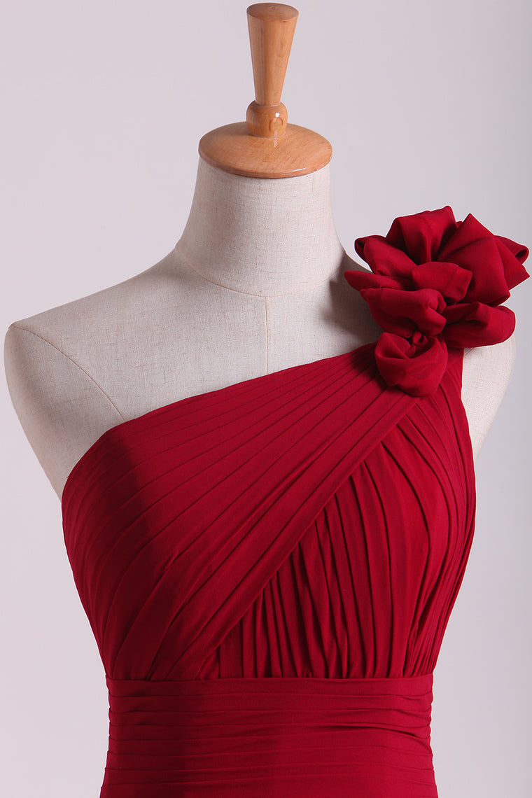 2022 One Shoulder Bridesmaid Dresses Chiffon With Handmade Flower Burgundy/Maroon