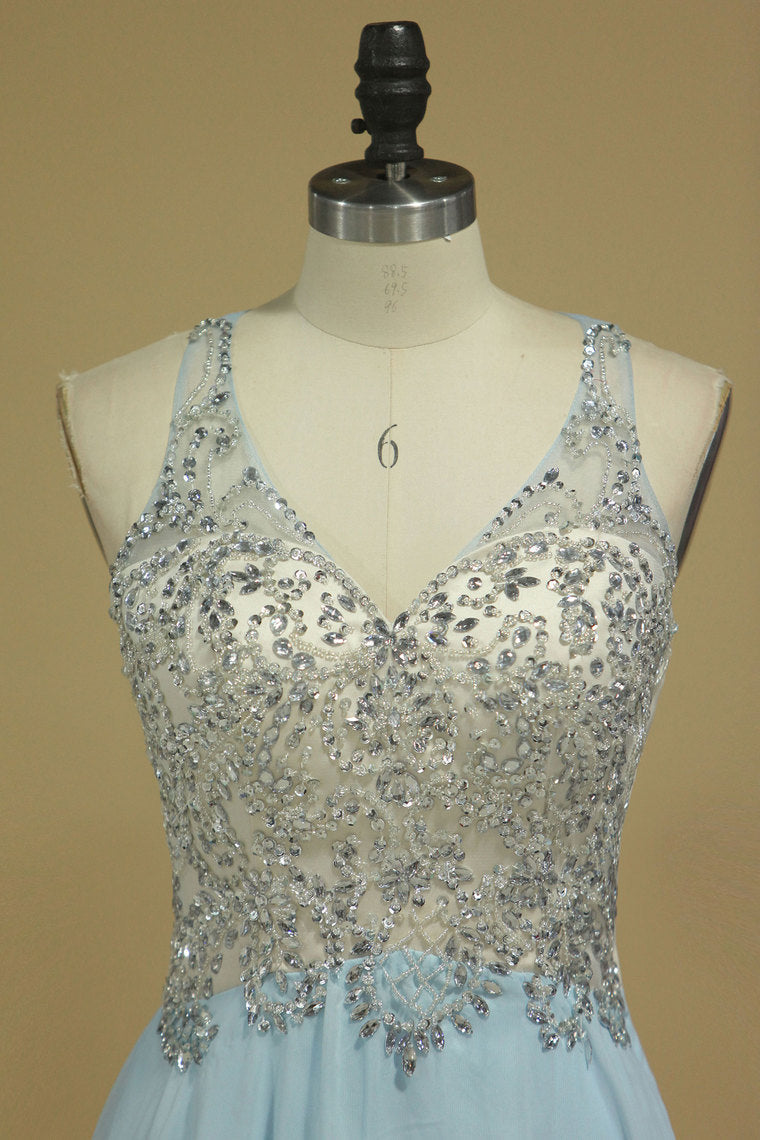 2022 Chiffon & Tulle V Neck Prom Dresses Beaded Bodice A Line