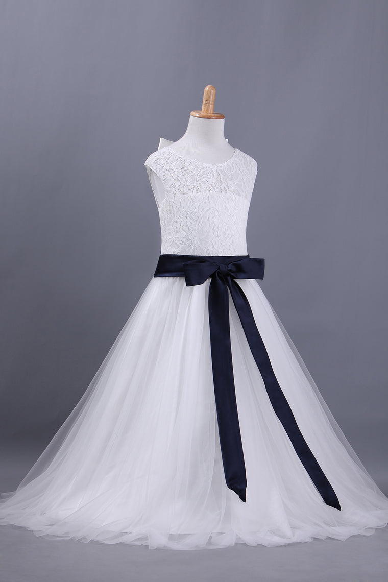 2022 Flower Girl Dresses A Line Scoop Ankle-Length Lace & Tulle