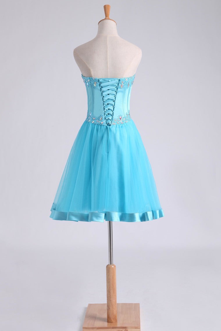 2022 Homecoming Dresses Sweetheart A Line Short/Mini Beaded Neckline And Waistline Satin&Tulle