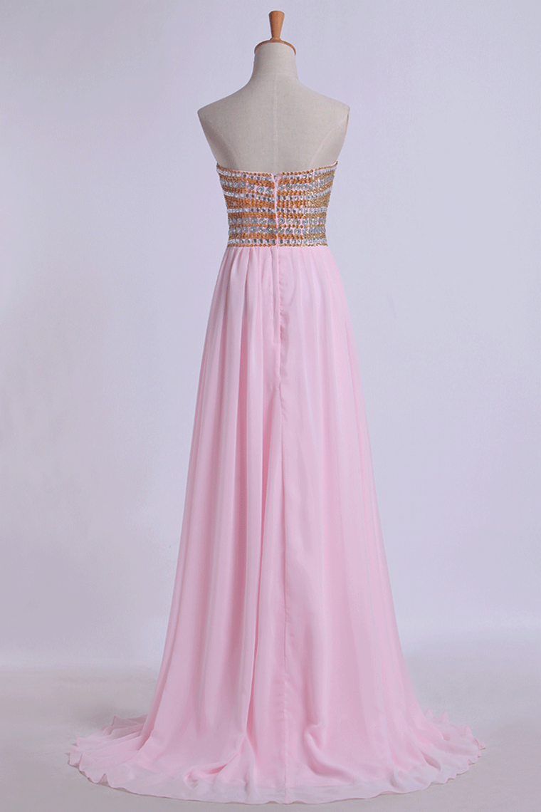 2022 New Arrival Prom Gown A-Line Sweetheart Sweep/Brush Chiffon With Beading&Rhinestone