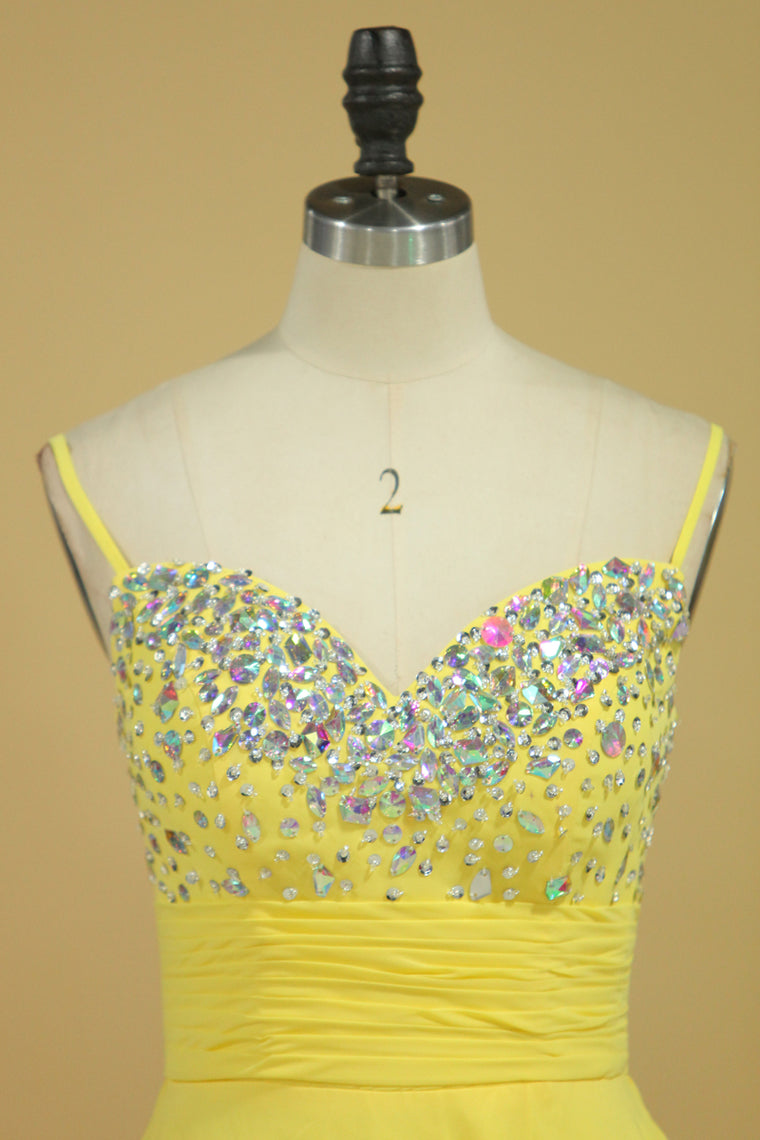 2022 Prom Dress Spaghetti Straps Rhinestone Beaded Bodice Runched Waistband With Flowing Chiffon Skirt