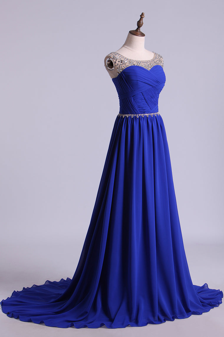 2022 Scoop Prom Dresses A Line Pleated Bodice Chiffon With Beads Dark Royal Blue