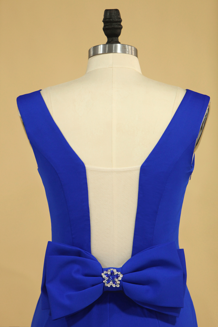2022 Plus Size Prom Dresses Square Neckline Sweep Train With Bow-Knot Dark Royal Blue