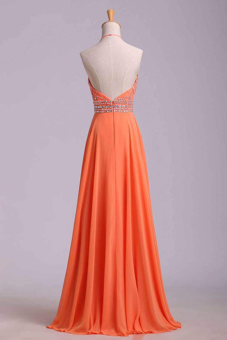 2022 Halter Prom Dress Beaded Bodice A Line Chiffon Long Chic Dresses